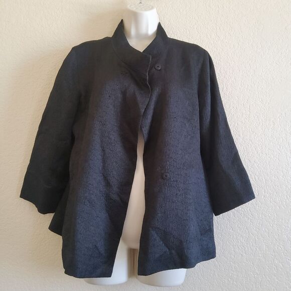 Eileen Fisher Silk Crinkled Textured Black Button Snap Long Sleeve Blazer Jacket